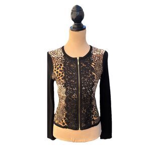 Chico's Womens Black Full Zip Lace Leopard Print Cardigan Sweater Size 0 US 4 XS